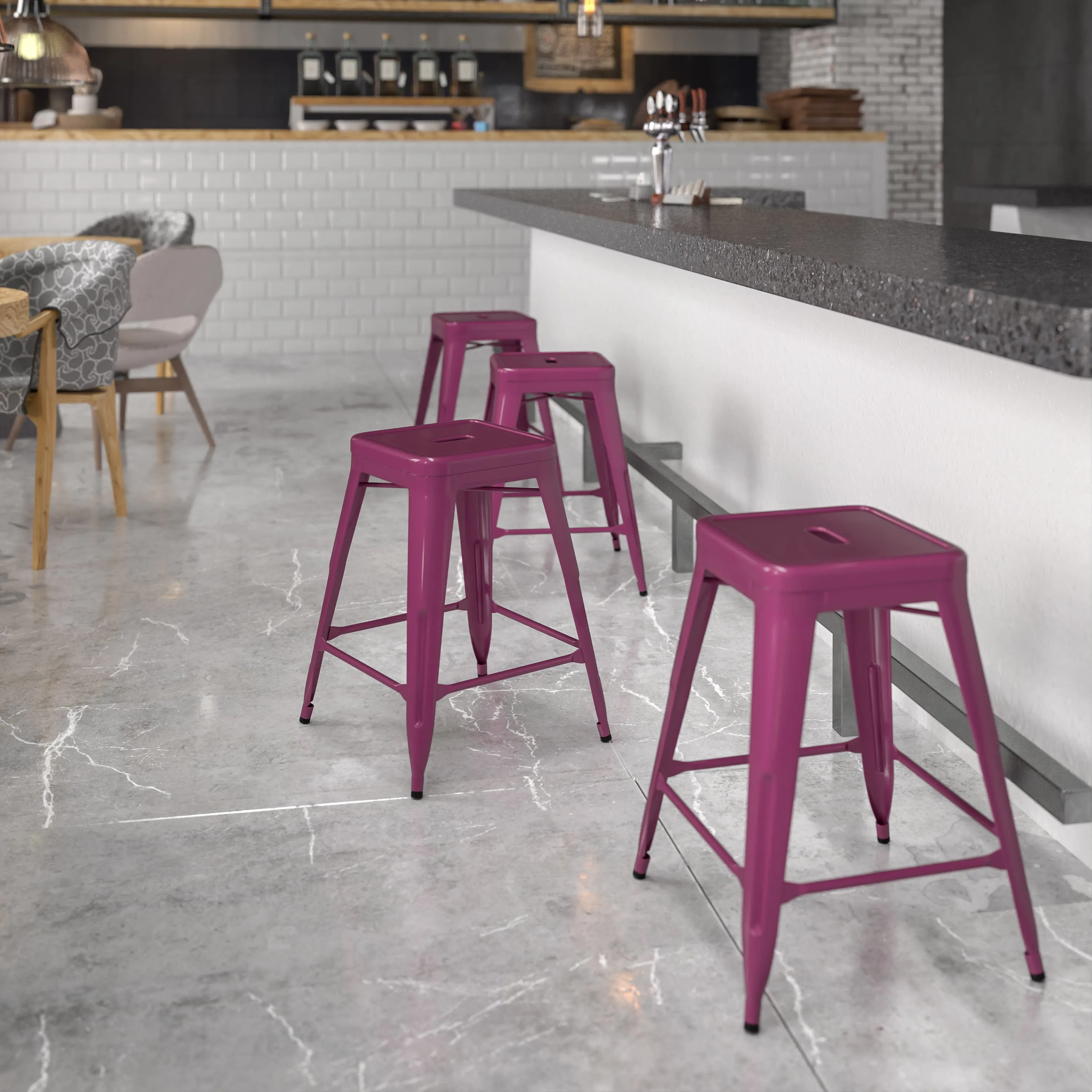 Commercial Grade 24" High Backless Metal Indoor-Outdoor Counter Height Stool with Square Seat