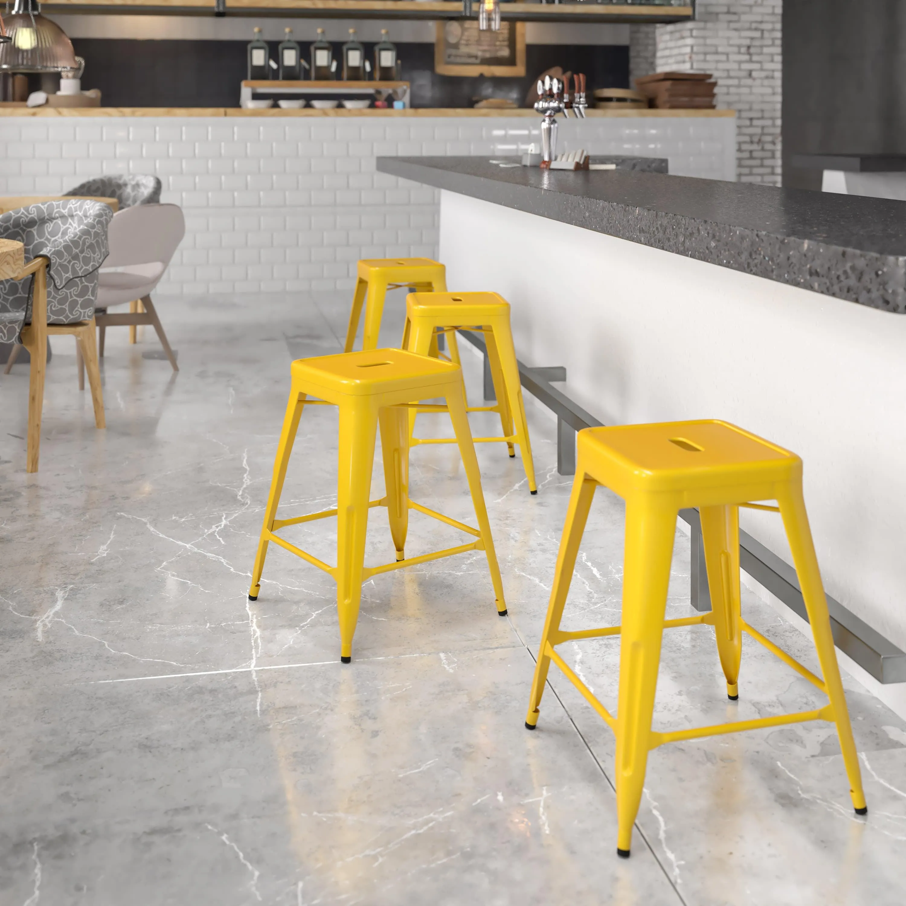 Commercial Grade 24" High Backless Metal Indoor-Outdoor Counter Height Stool with Square Seat