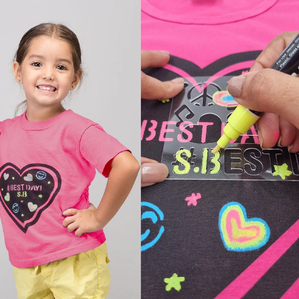 Scoobies Chalk-Le-Tee Tshirt | Pink Heart Design | With Chalk Markers & Stencil | Reusable | Washable - Girls