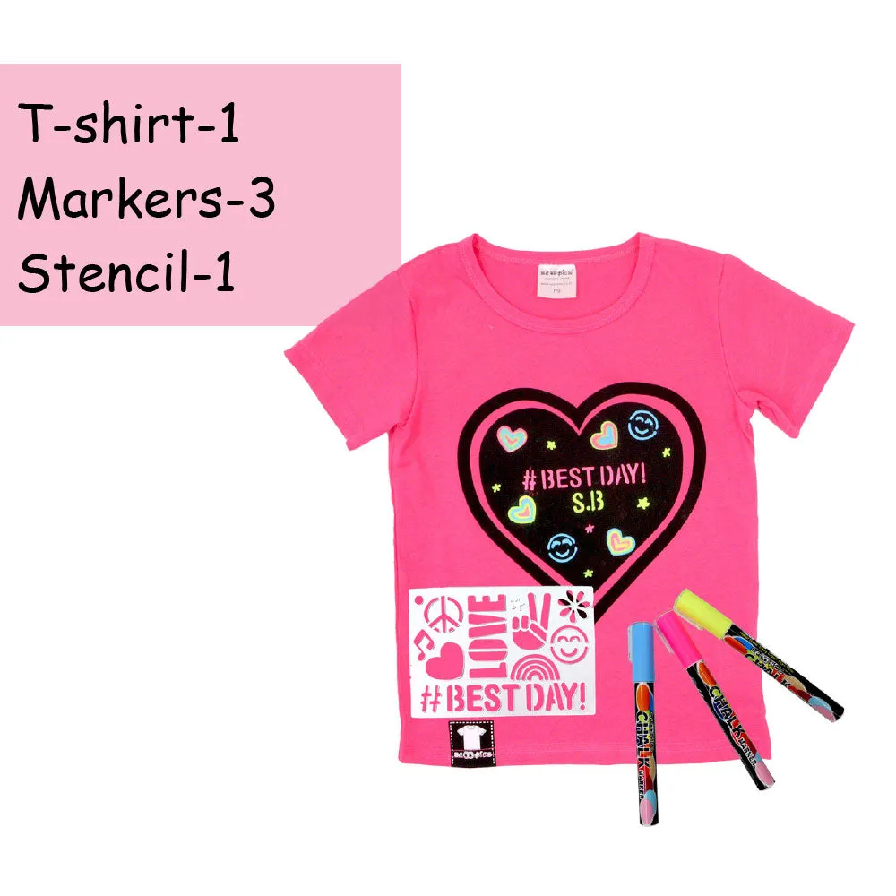 Scoobies Chalk-Le-Tee Tshirt | Pink Heart Design | With Chalk Markers & Stencil | Reusable | Washable - Girls