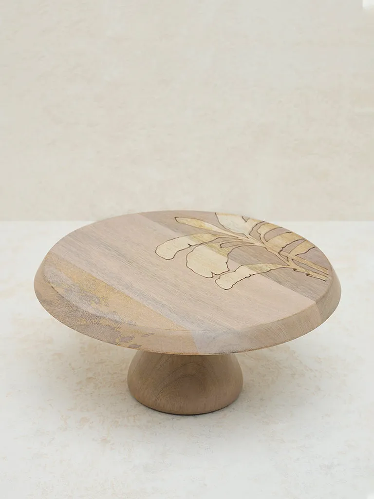Westside Home Light Brown Leaf Design Wooden Cake Stand