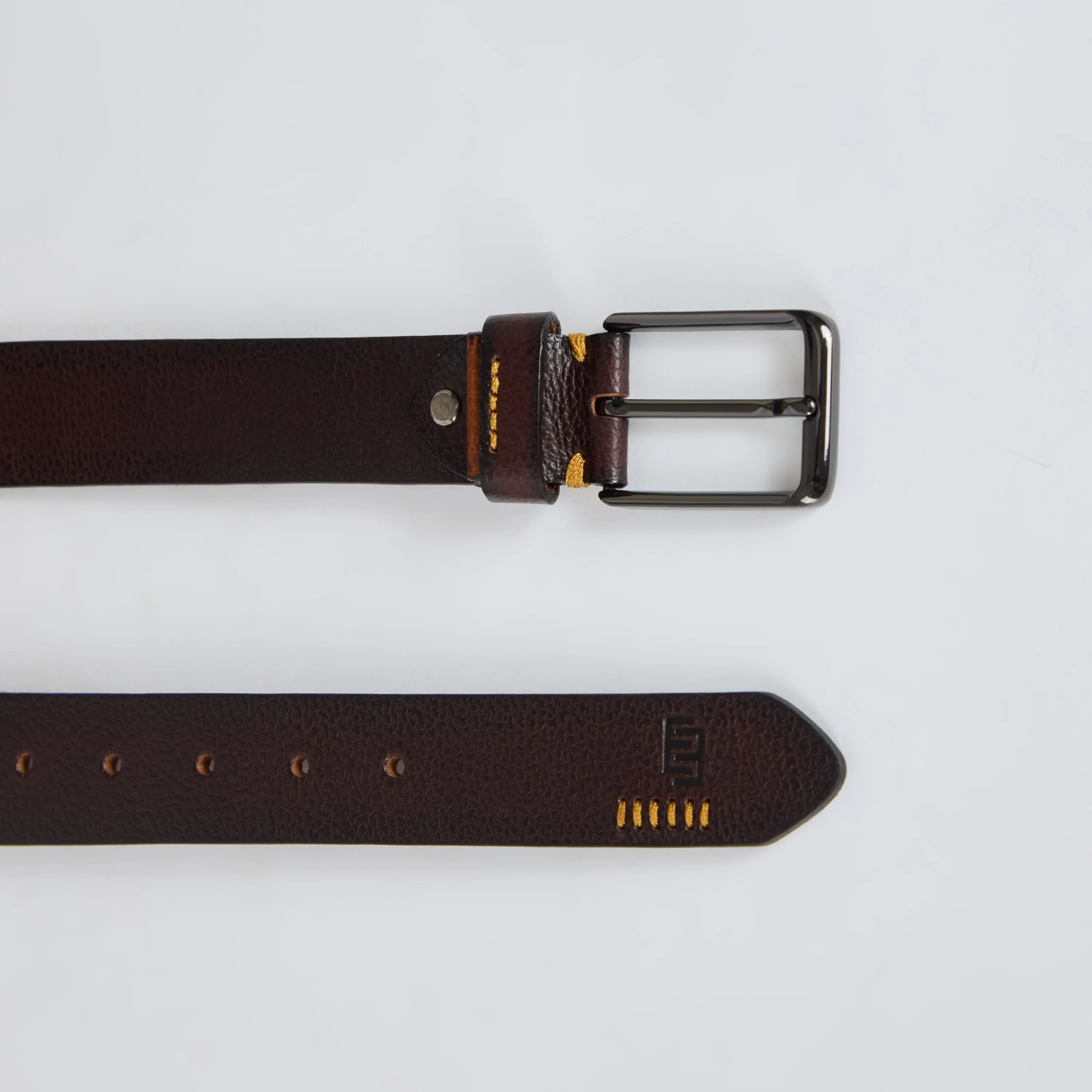Yellow Textured Genuine Leather Belt - Dark Brown