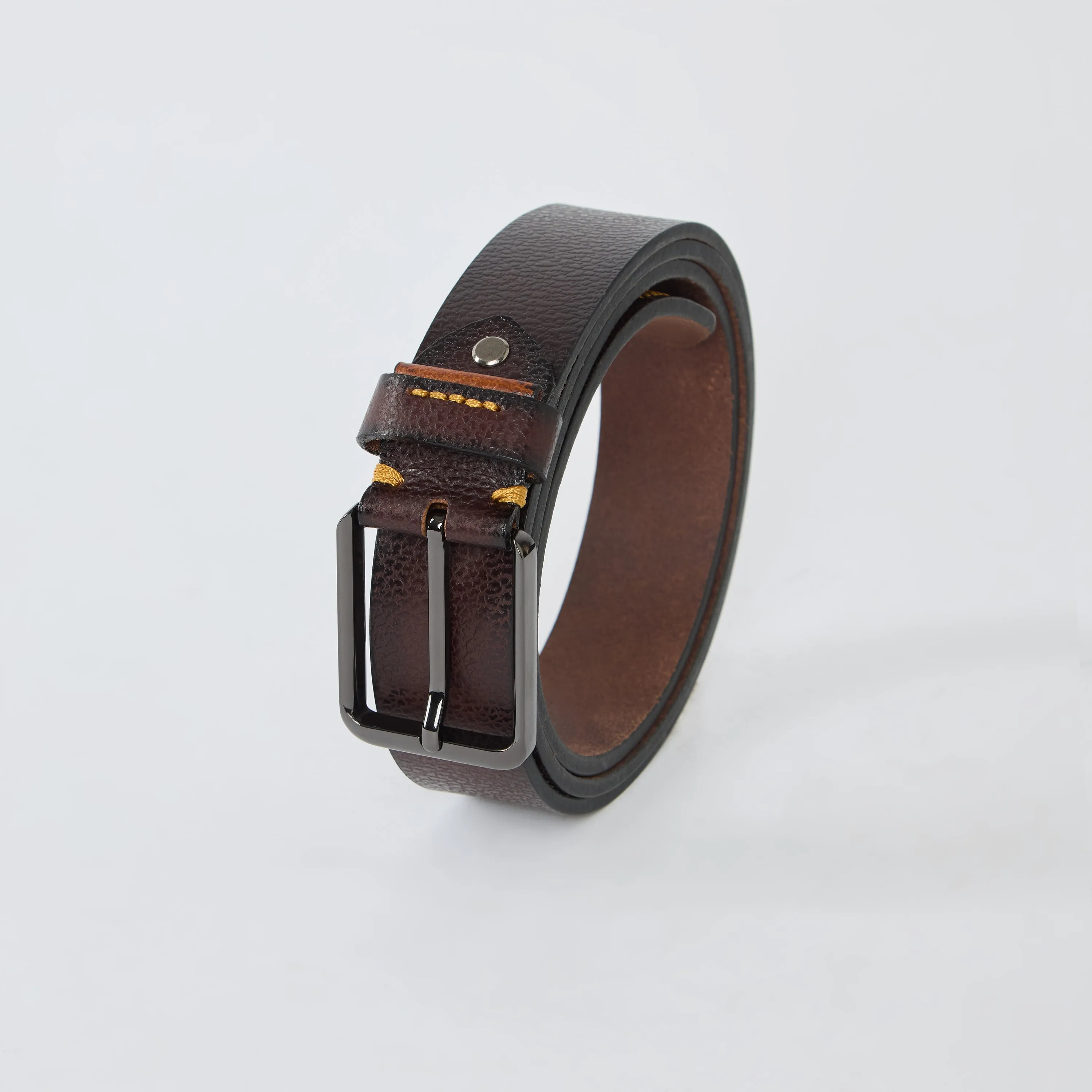 Yellow Textured Genuine Leather Belt - Dark Brown